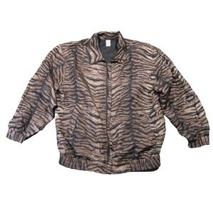 Vtg 90s Carte 100% Silk Bomber Jacket M Brown Striped Animal Print Full Zip Glam